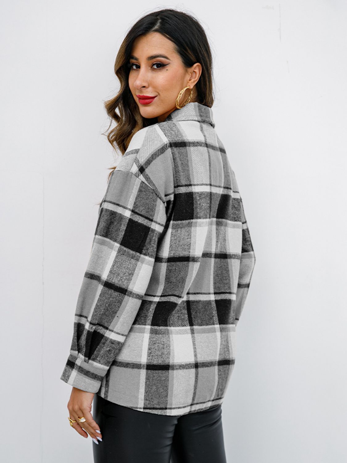 Shiny Plaid Button Up Collared Neck Jacket - EkaVibe