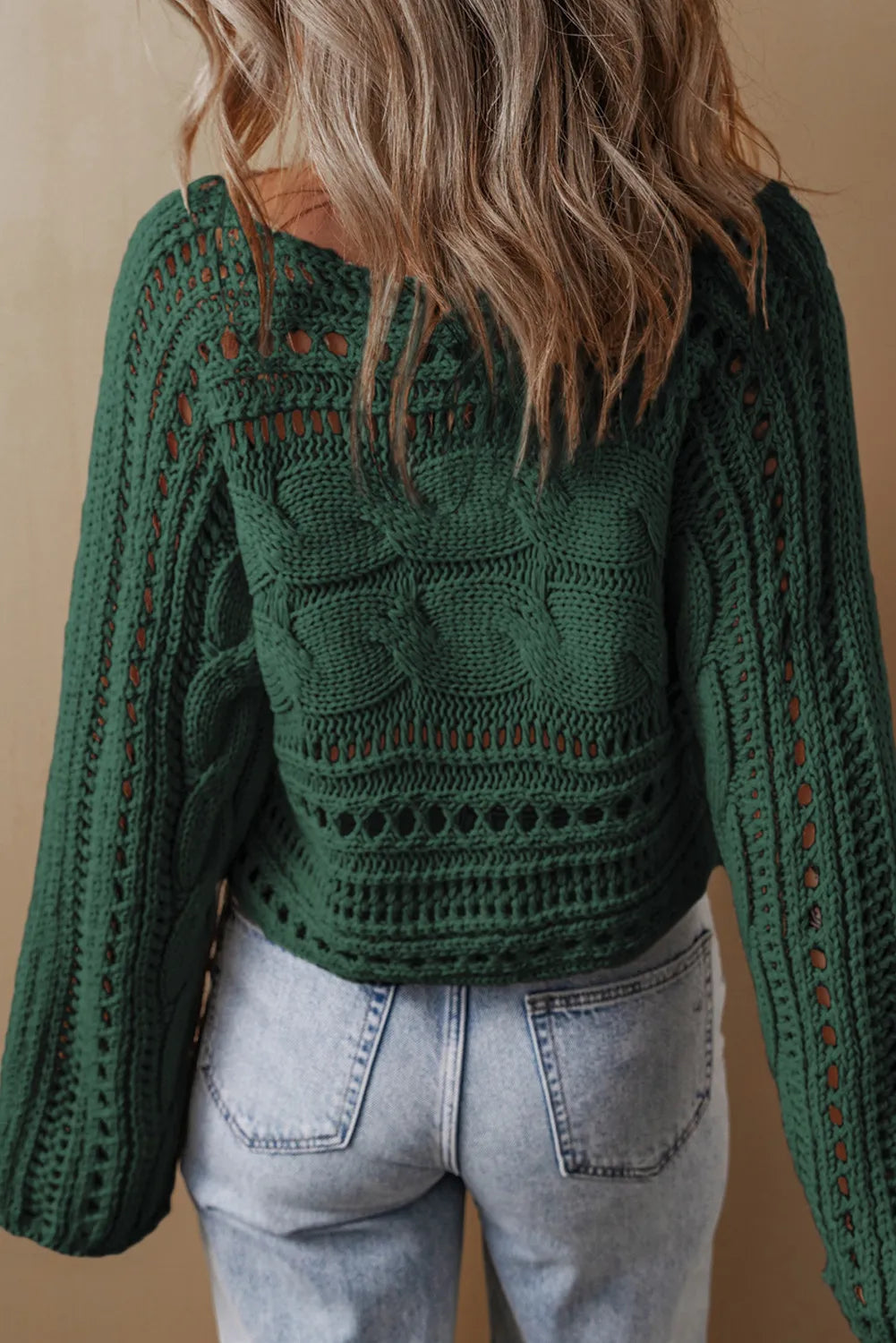 Cable-Knit Openwork Long Sleeve Sweater - EkaVibe