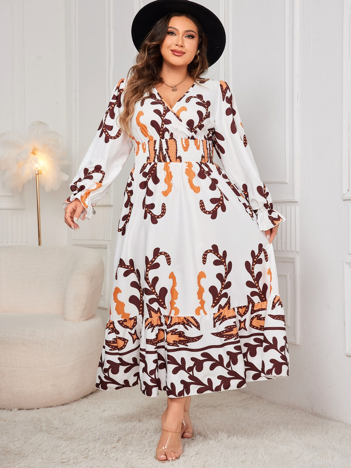 Honey Plus Size Printed Surplice Flounce Sleeve Dress - EkaVibe