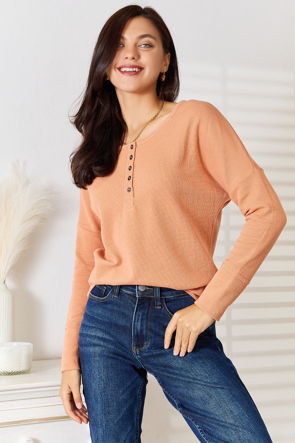 Basic Bae Half Button Long Sleeve Top - EkaVibe