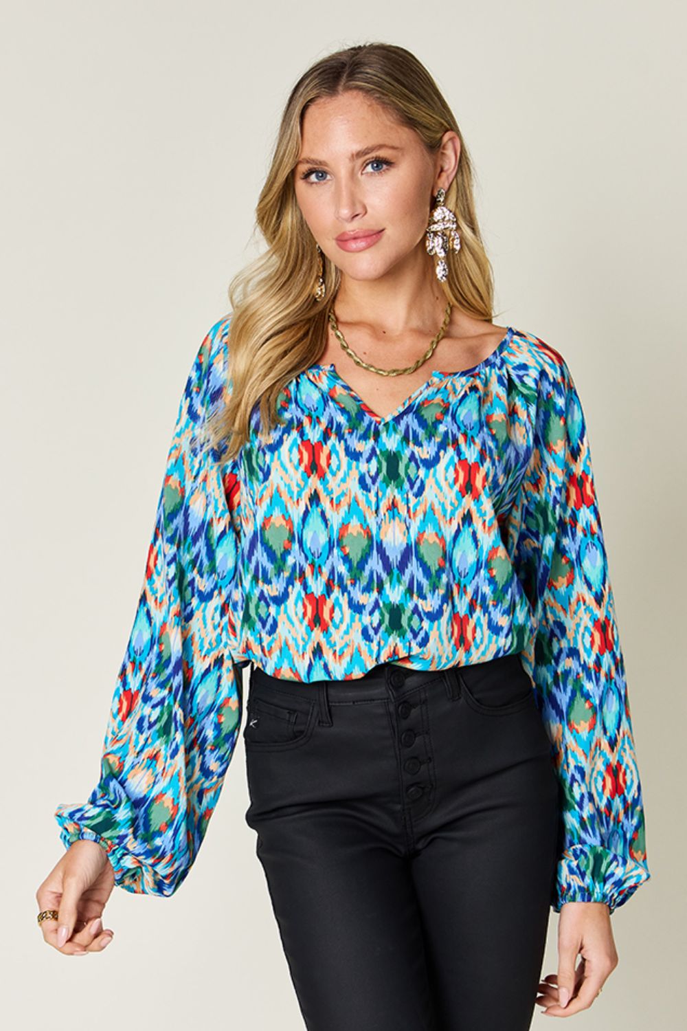 Double Take Full Size Printed Balloon Sleeve Blouse - EkaVibe