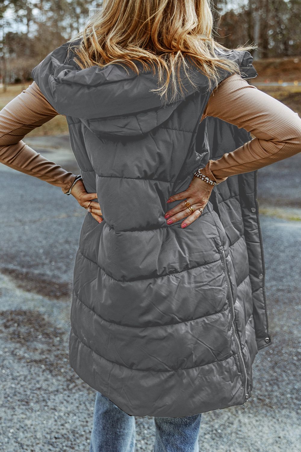 Longline Hooded Sleeveless Puffer Vest - EkaVibe