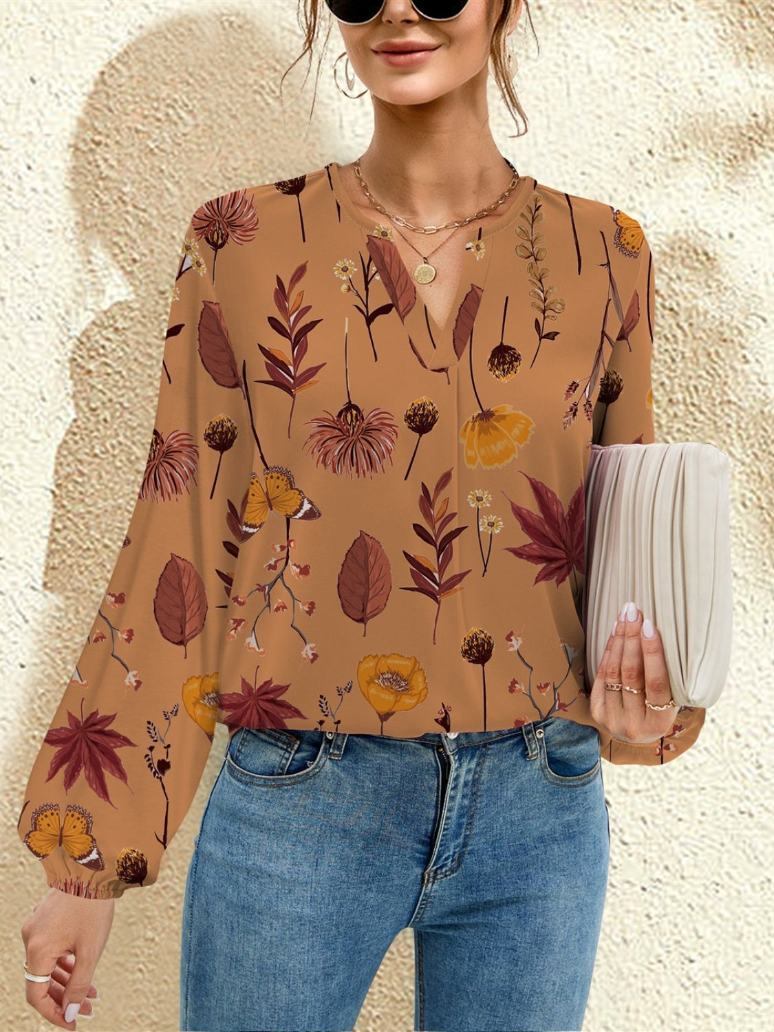 FAM-FAM Printed Notched Long Sleeve Blouse - EkaVibe