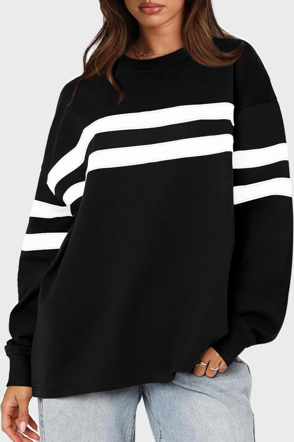 Lovelet Striped Round Neck Dropped Shoulder Sweatshirt - EkaVibe