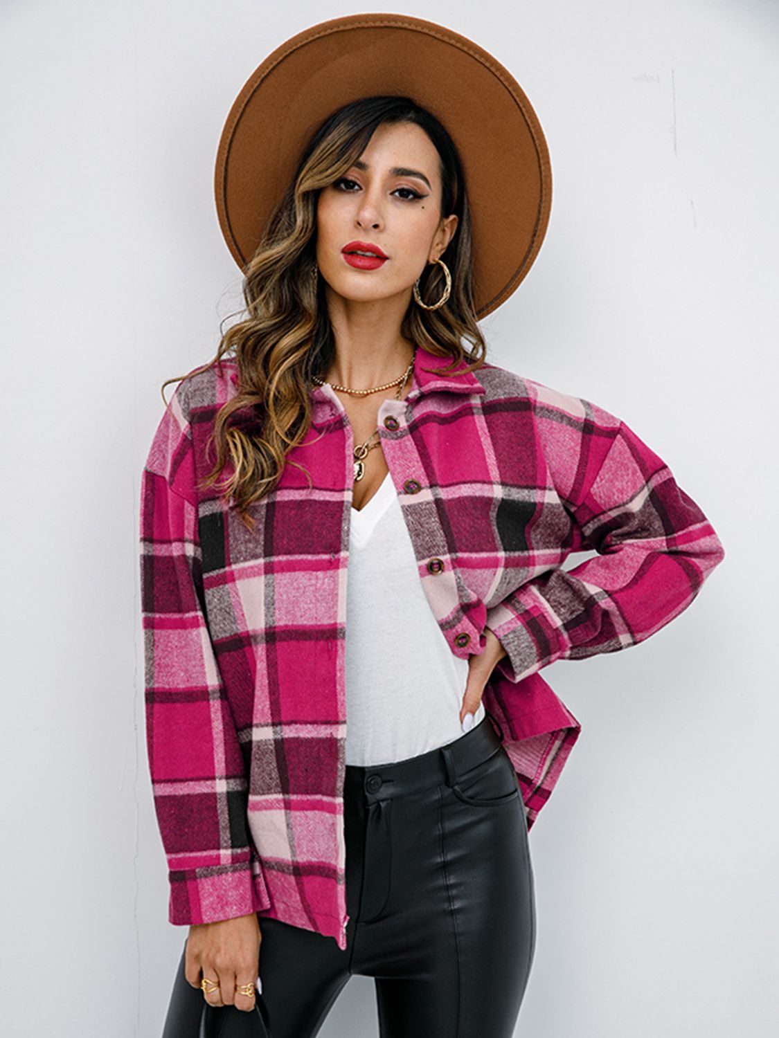 Shiny Plaid Button Up Collared Neck Jacket - EkaVibe