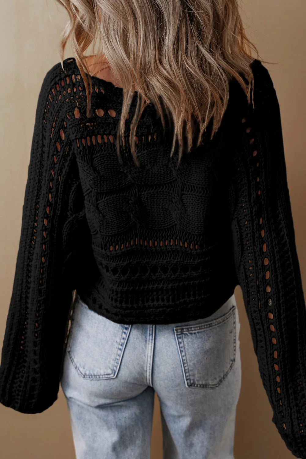 Cable-Knit Openwork Long Sleeve Sweater - EkaVibe