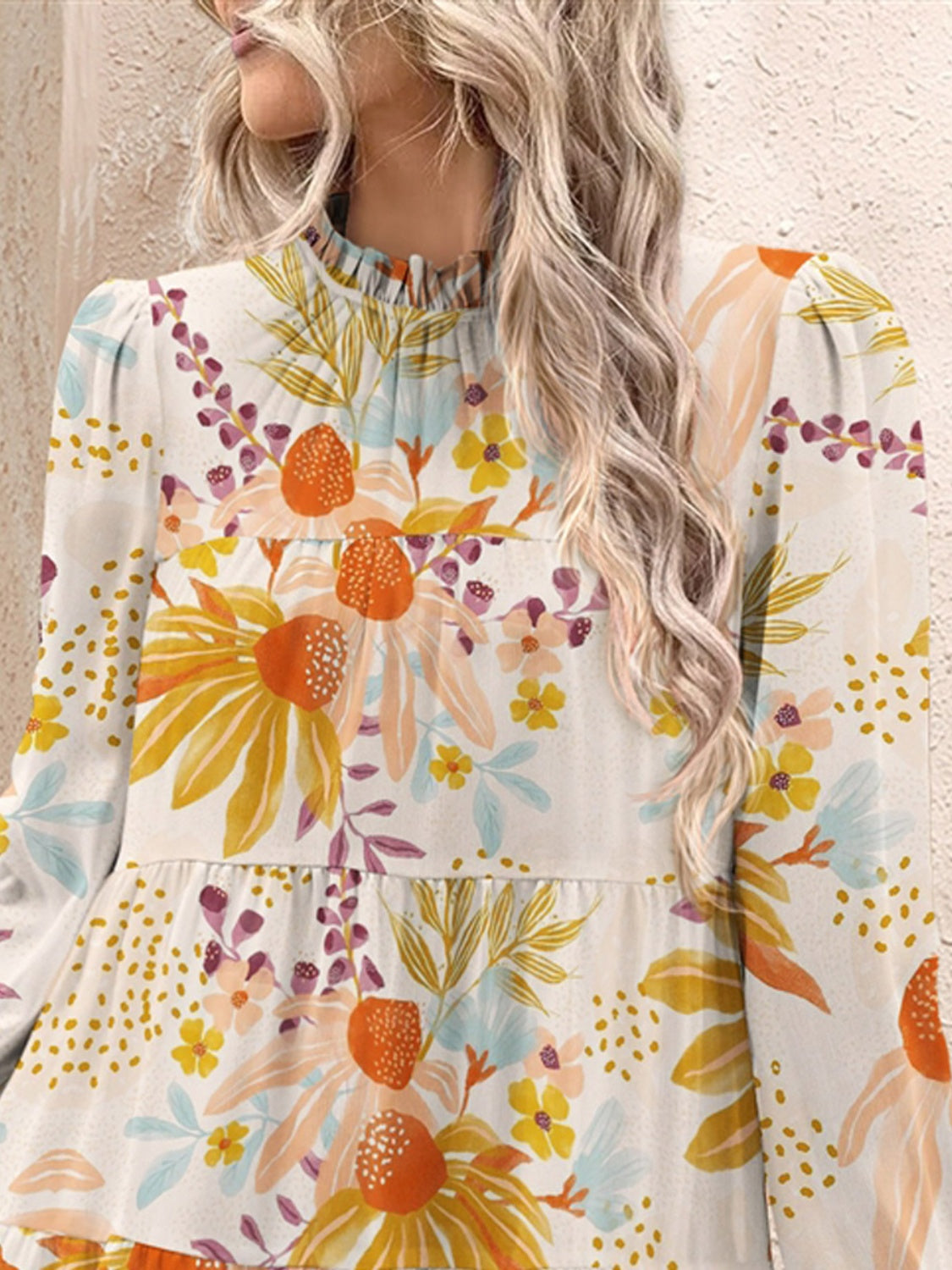 FAM-FAM Tiered Printed Long Sleeve Mini Dress - EkaVibe