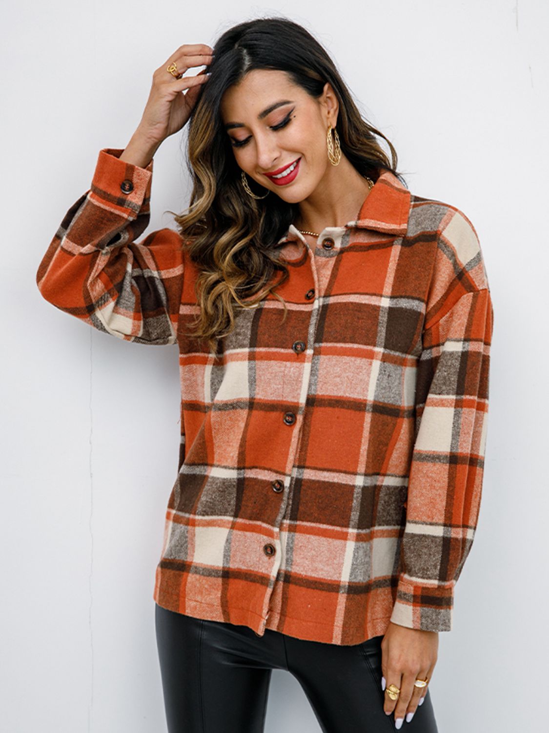 Shiny Plaid Button Up Collared Neck Jacket - EkaVibe