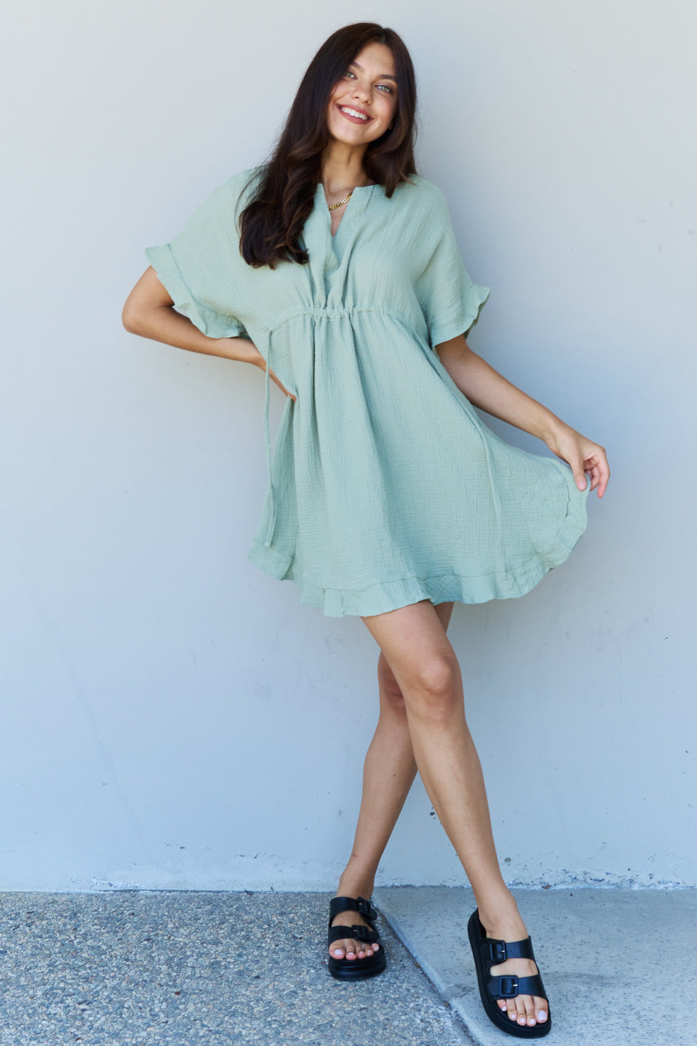 Ninexis Out Of Time Full Size Ruffle Hem Dress with Drawstring Waistband in Light Sage - EkaVibe