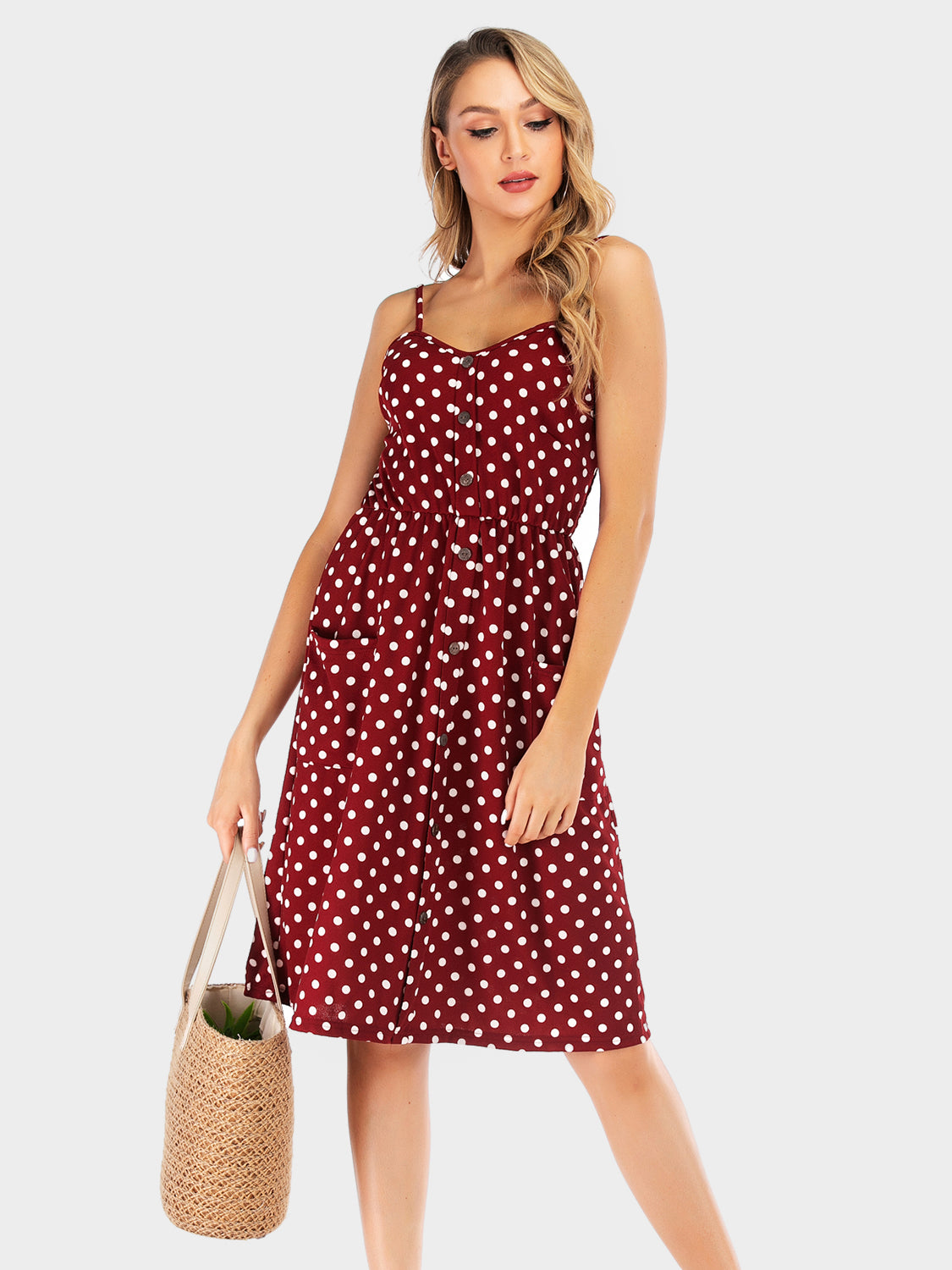 Perfee Polka Dot Sweetheart Neck Dress with Pockets - EkaVibe