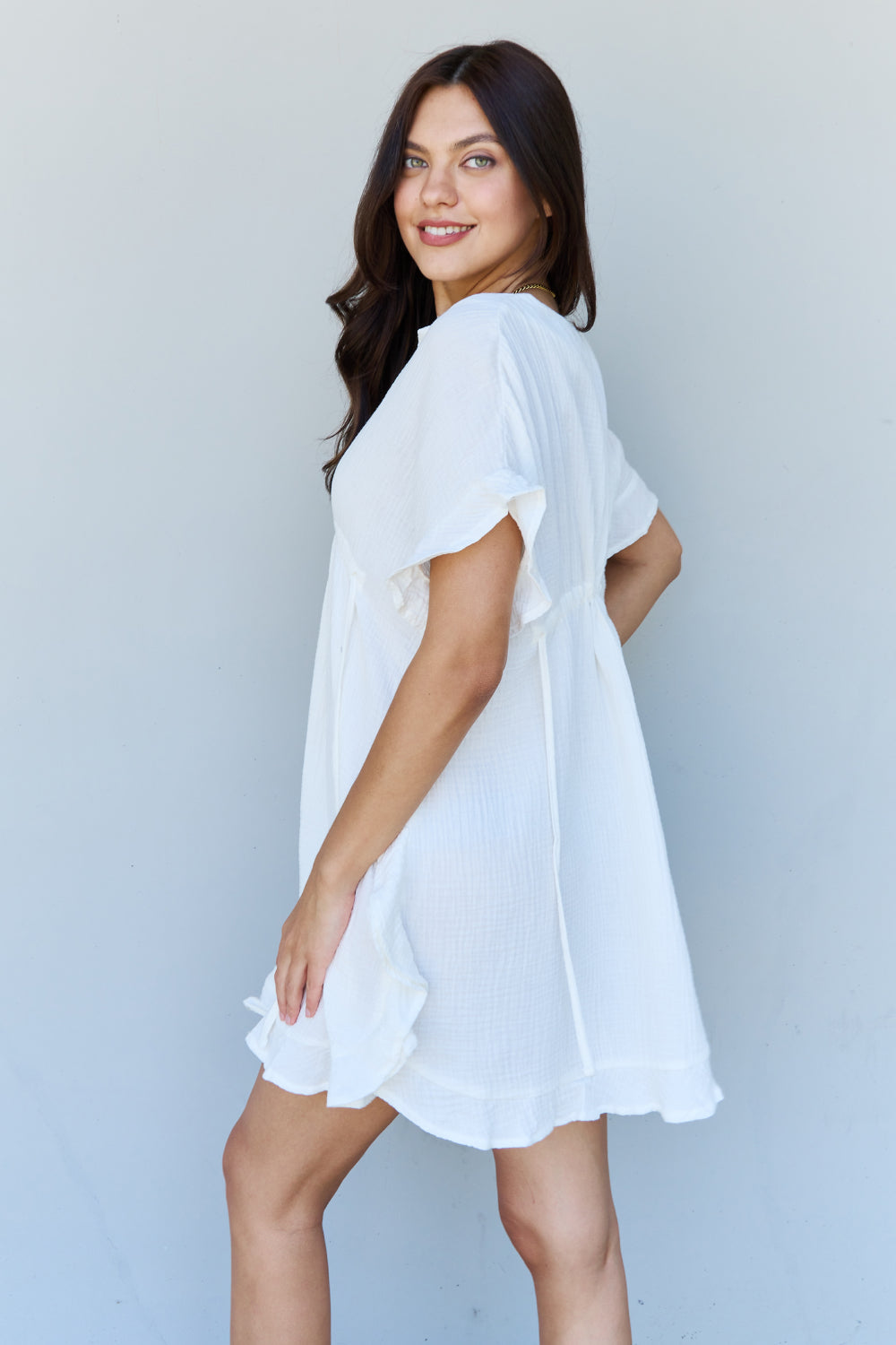 Ninexis Out Of Time Full Size Ruffle Hem Dress with Drawstring Waistband in White - EkaVibe