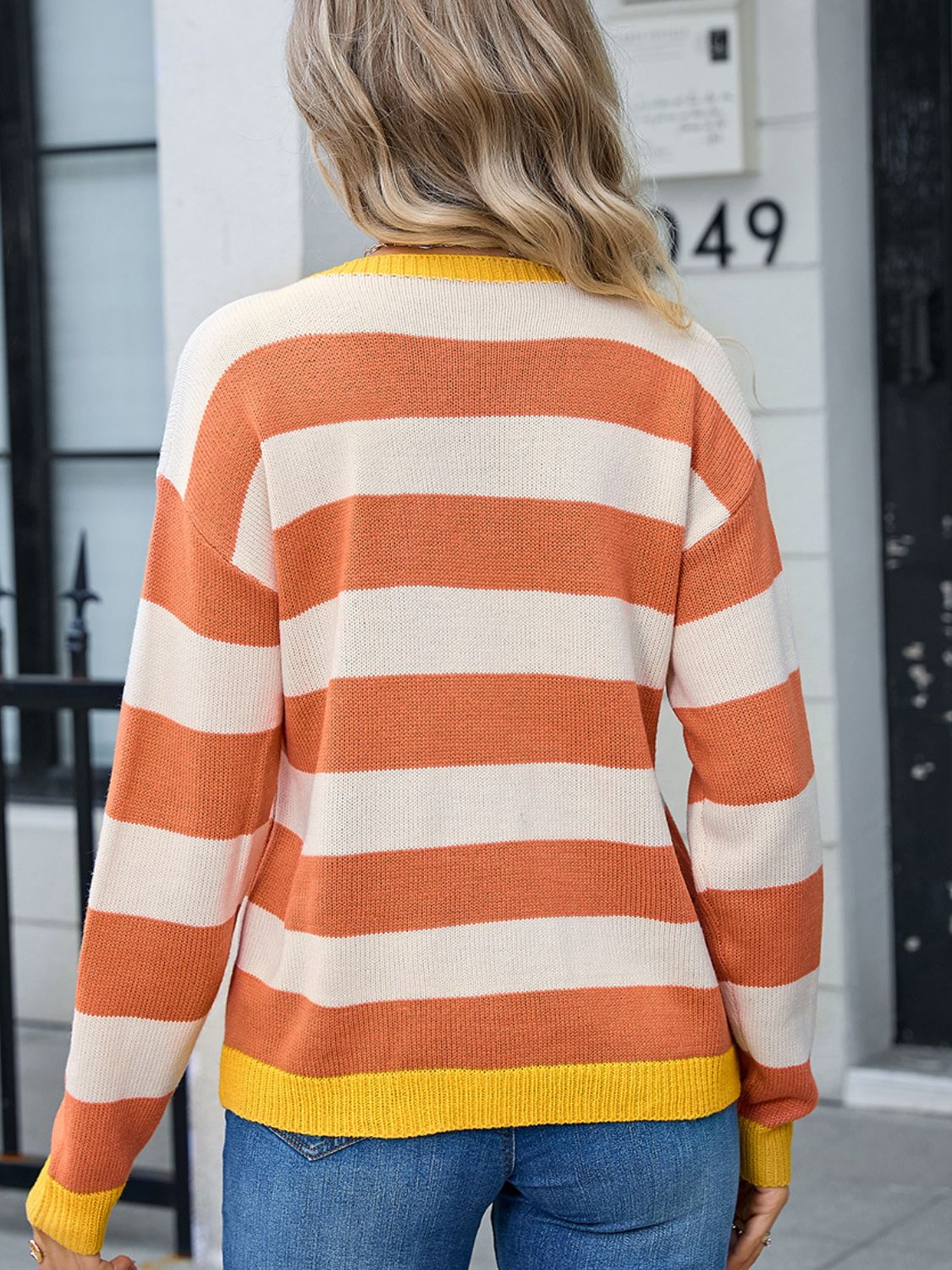 Angel Wings Striped Round Neck Dropped Shoulder Sweater - EkaVibe