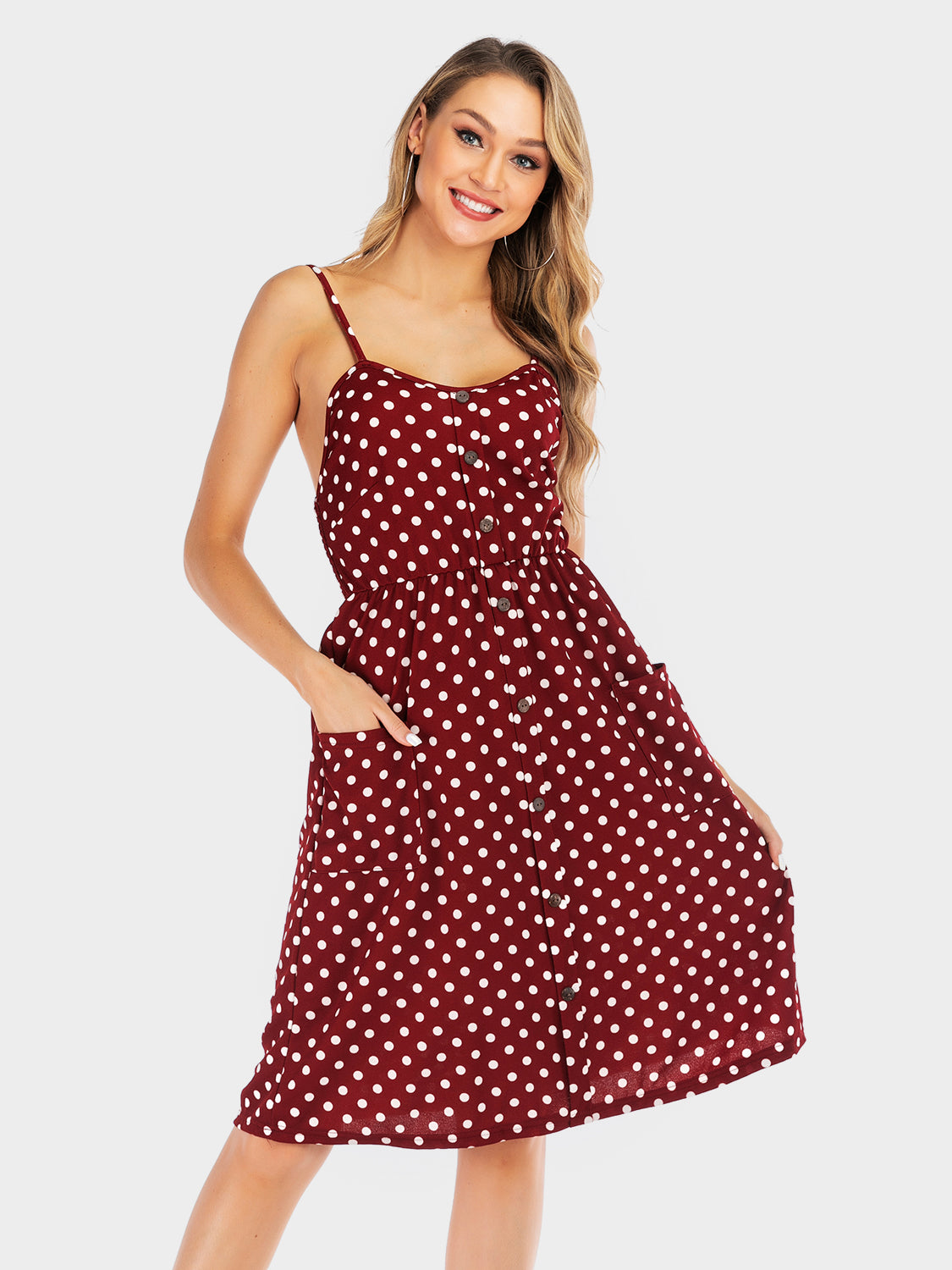 Perfee Polka Dot Sweetheart Neck Dress with Pockets - EkaVibe