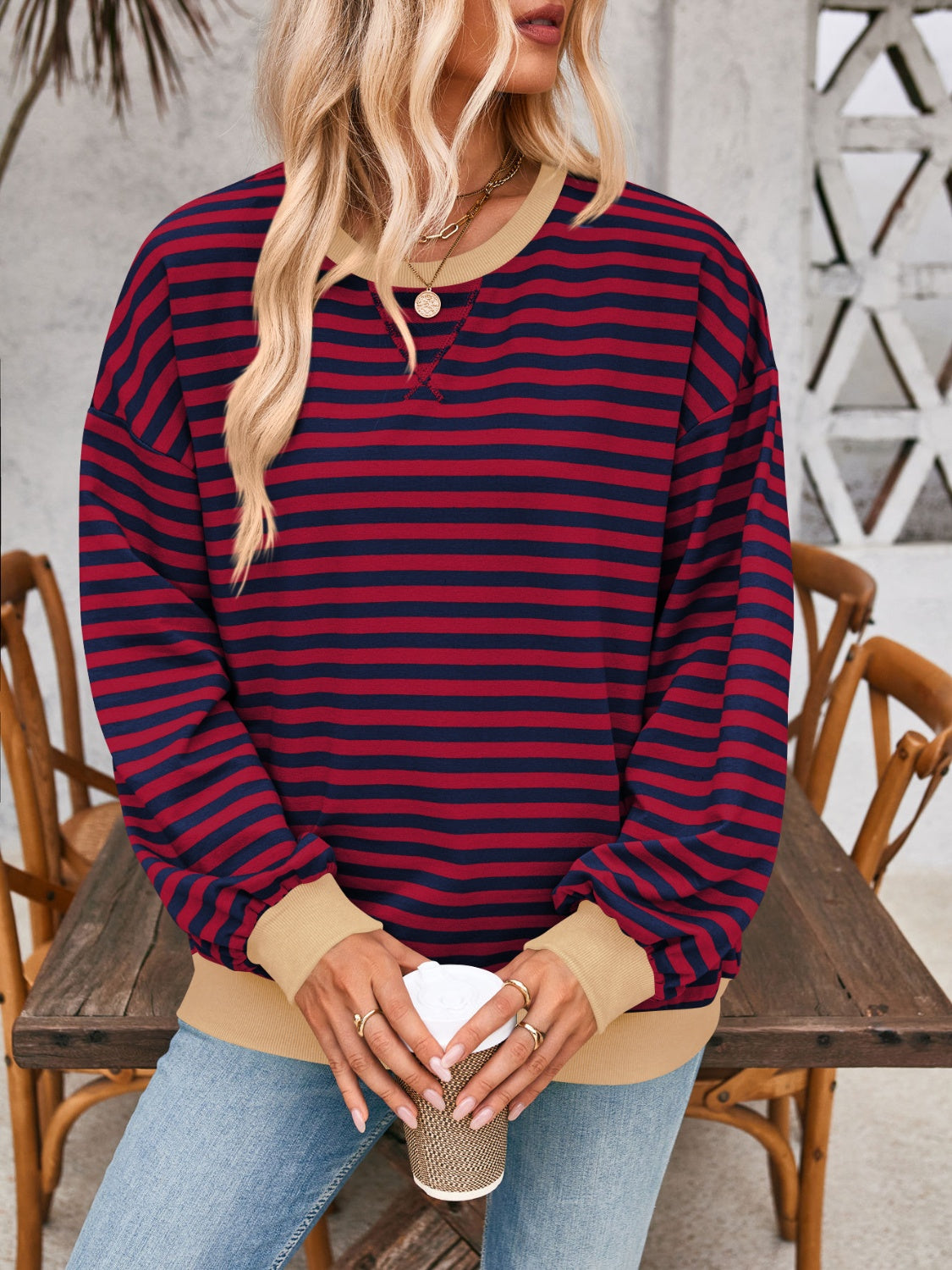 Lovelet Contrast Striped Long Sleeve Sweatshirt - EkaVibe