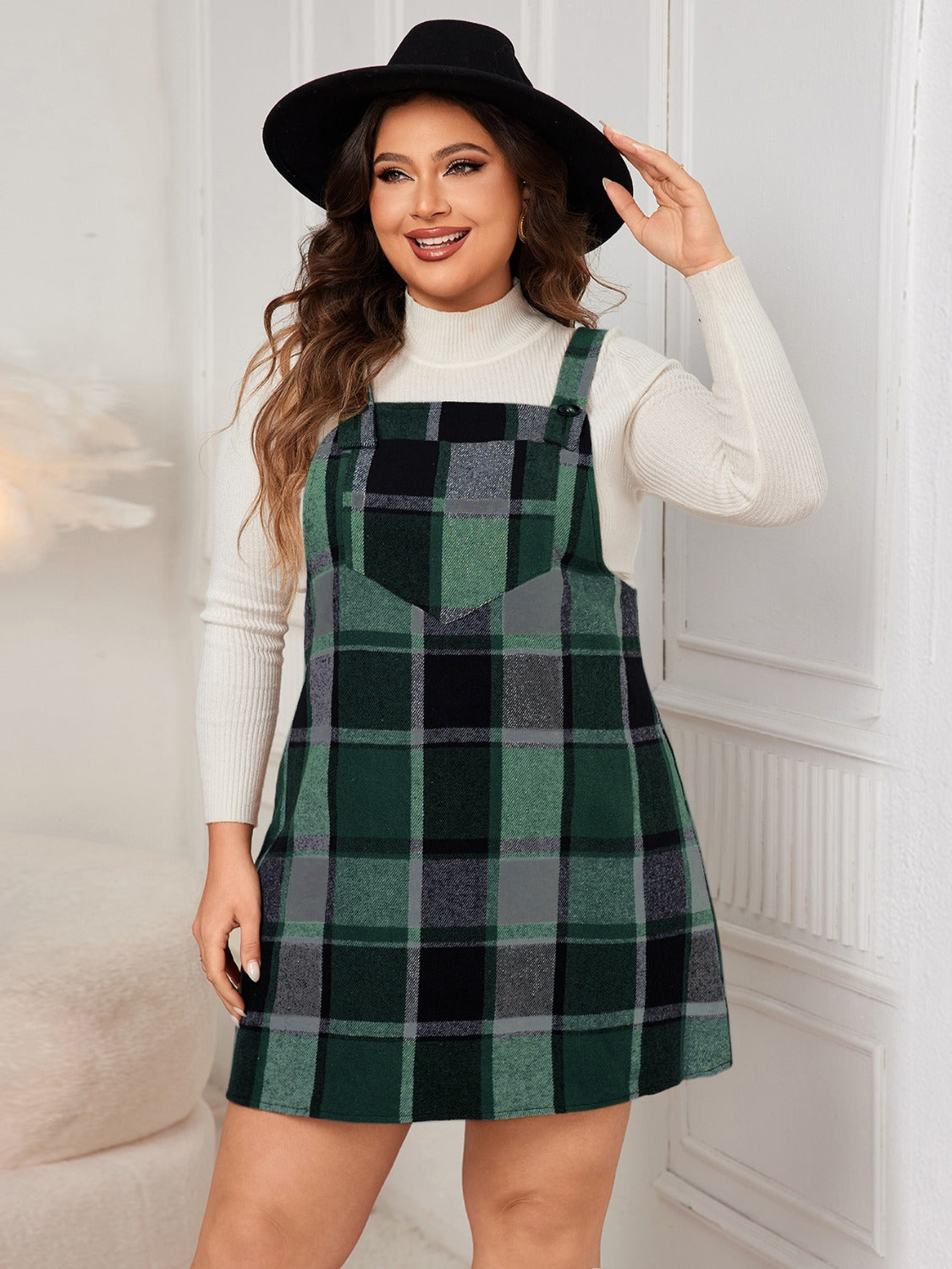 Honey Plus Size Plaid Wide Strap Overall Dress - EkaVibe