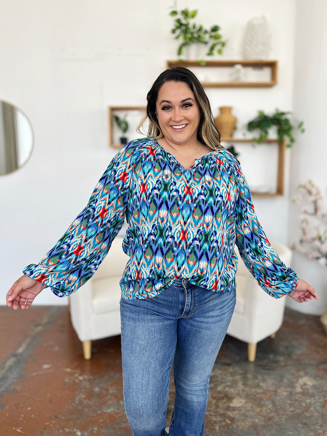 Double Take Full Size Printed Balloon Sleeve Blouse - EkaVibe