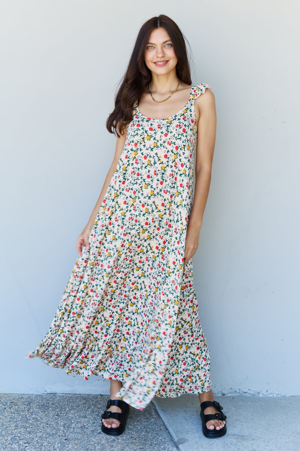 Doublju In The Garden Ruffle Floral Maxi Dress in Natural Rose - EkaVibe