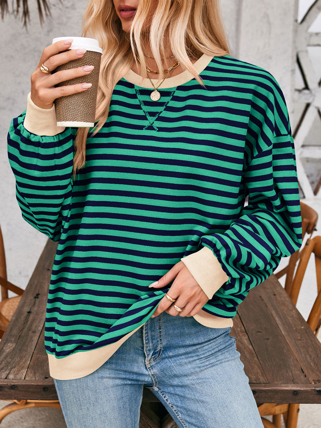 Lovelet Contrast Striped Long Sleeve Sweatshirt - EkaVibe