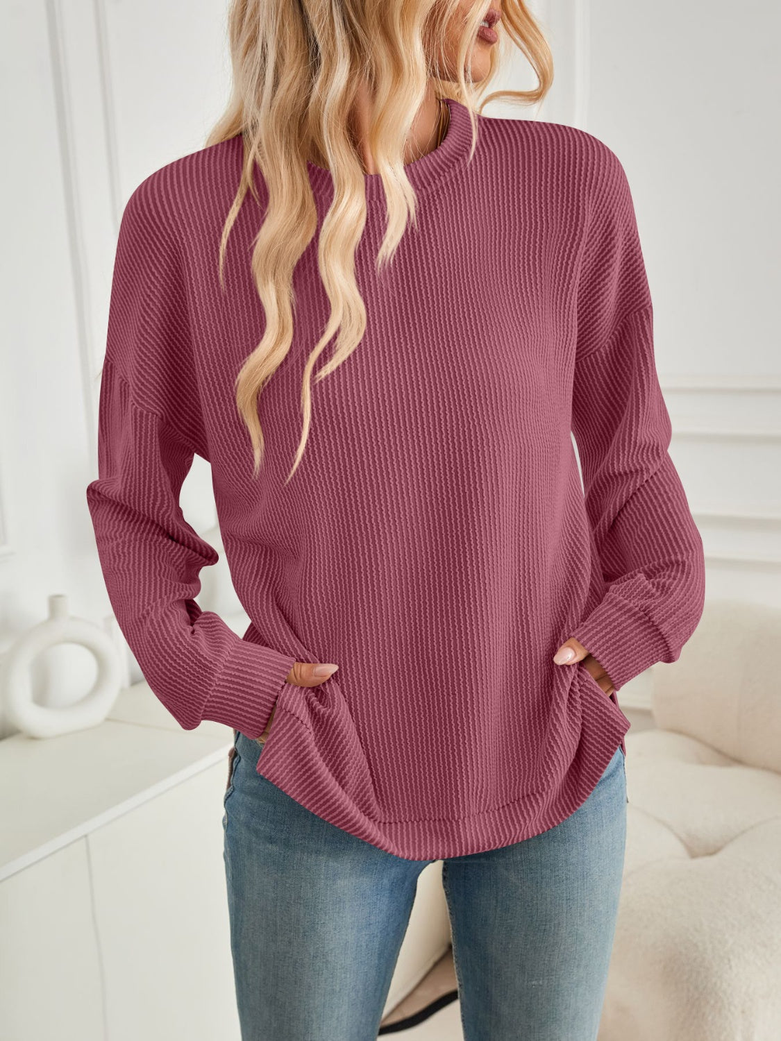 Lovelet Slit Round Neck Long Sleeve Sweatshirt - EkaVibe