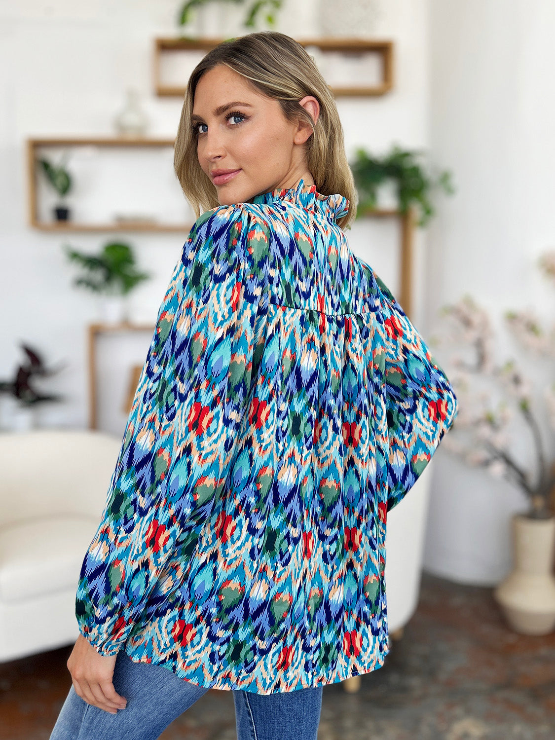 Double Take Full Size Printed Balloon Sleeve Blouse - EkaVibe