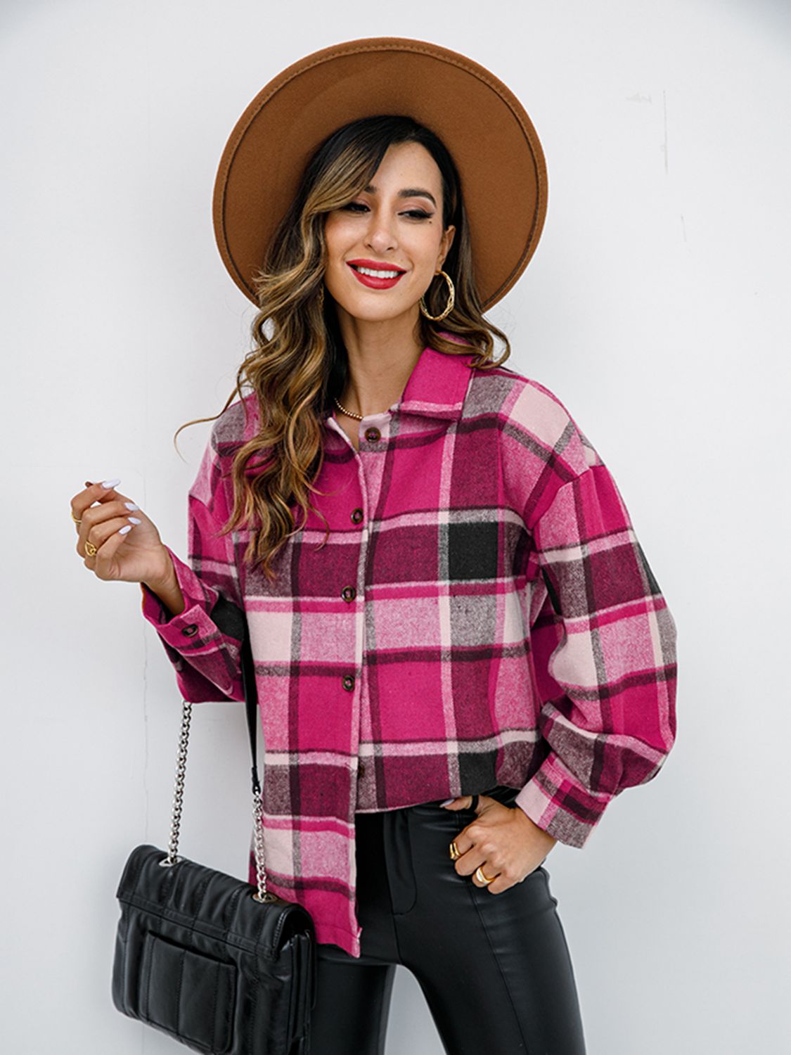 Shiny Plaid Button Up Collared Neck Jacket - EkaVibe