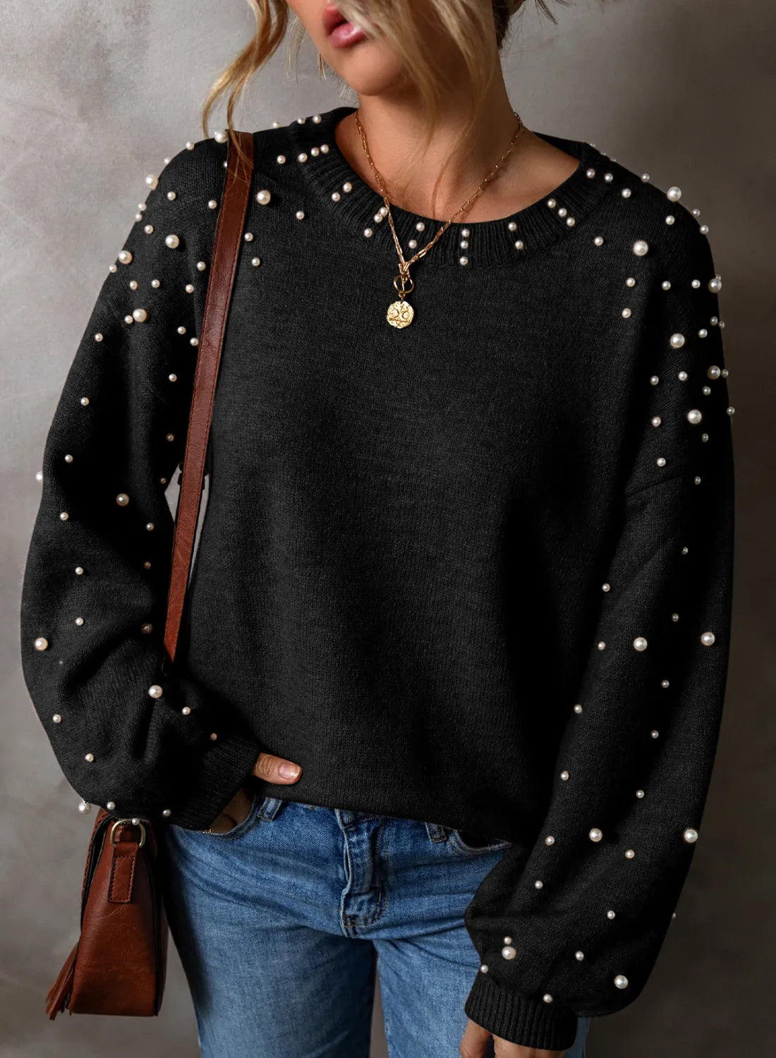 Pearl Detail Round Neck Long Sleeve Sweater - EkaVibe