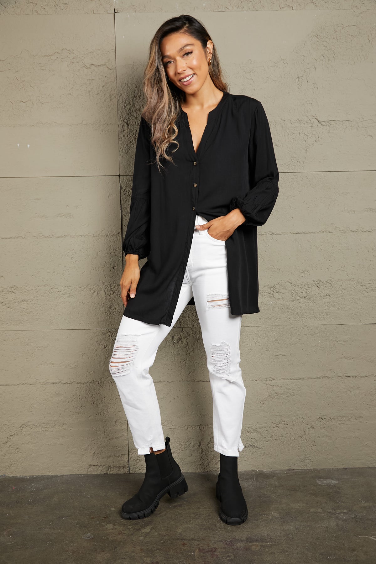 Ivy Lane Notched Neck Balloon Sleeve Shirt - EkaVibe