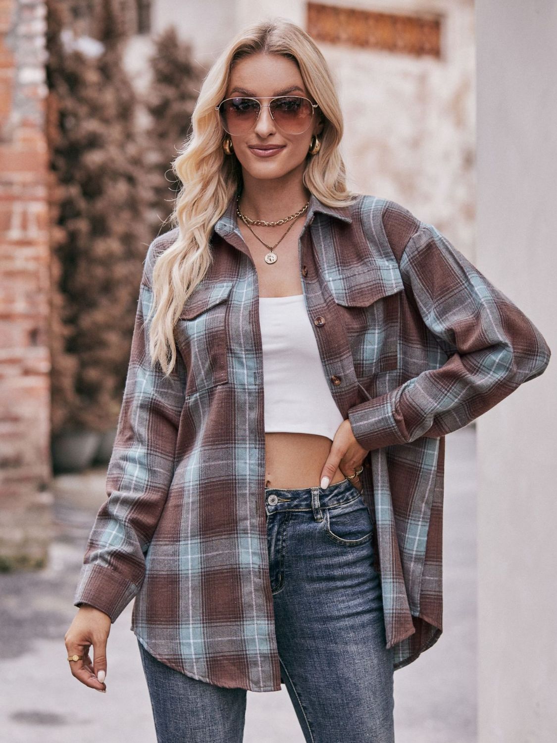 Mandy Plaid Dropped Shoulder Longline Shirt - EkaVibe