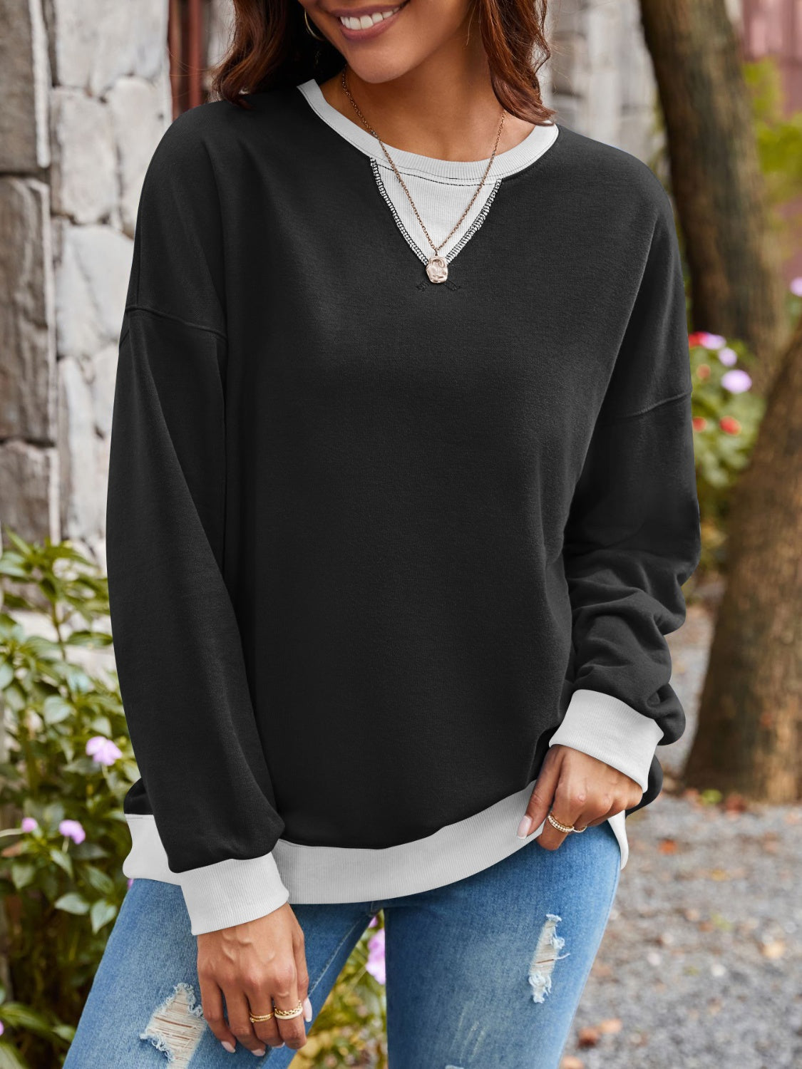 Lovelet Contrast Round Neck Long Sleeve Sweatshirt - EkaVibe