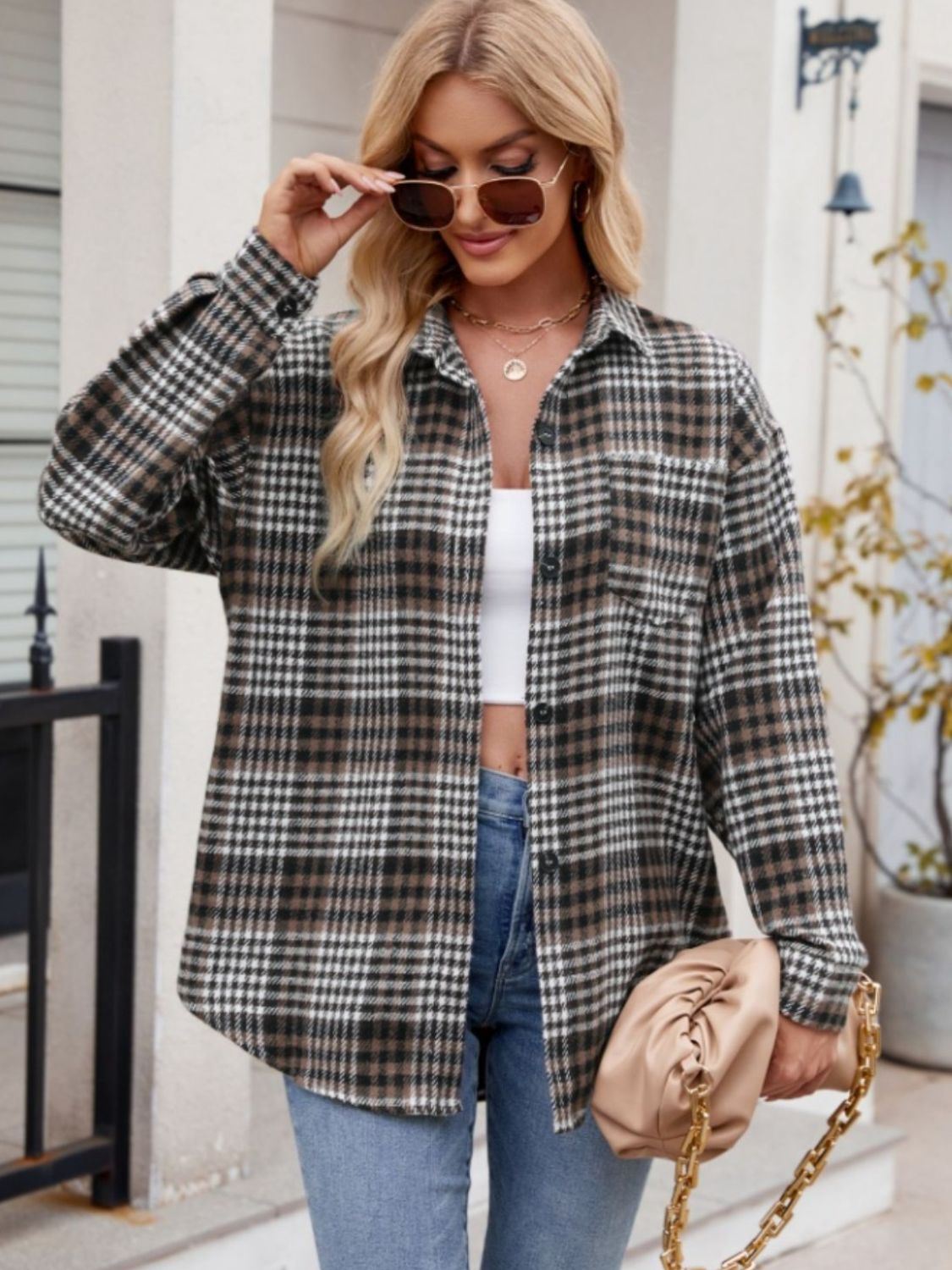 Mandy Pocketed Plaid Collared Neck Long Sleeve Shirt - EkaVibe