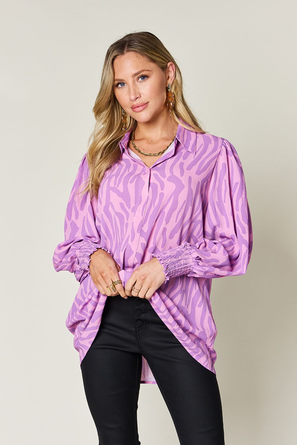 Double Take Full Size Printed Smocked Long Sleeve Blouse - EkaVibe