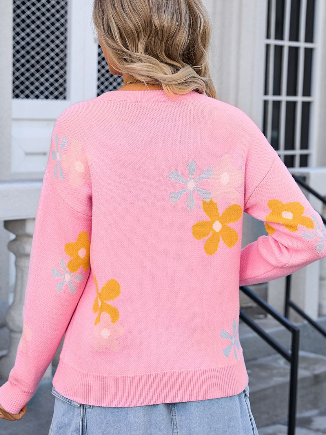 Angel Wings Flower Round Neck Dropped Shoulder Sweater - EkaVibe