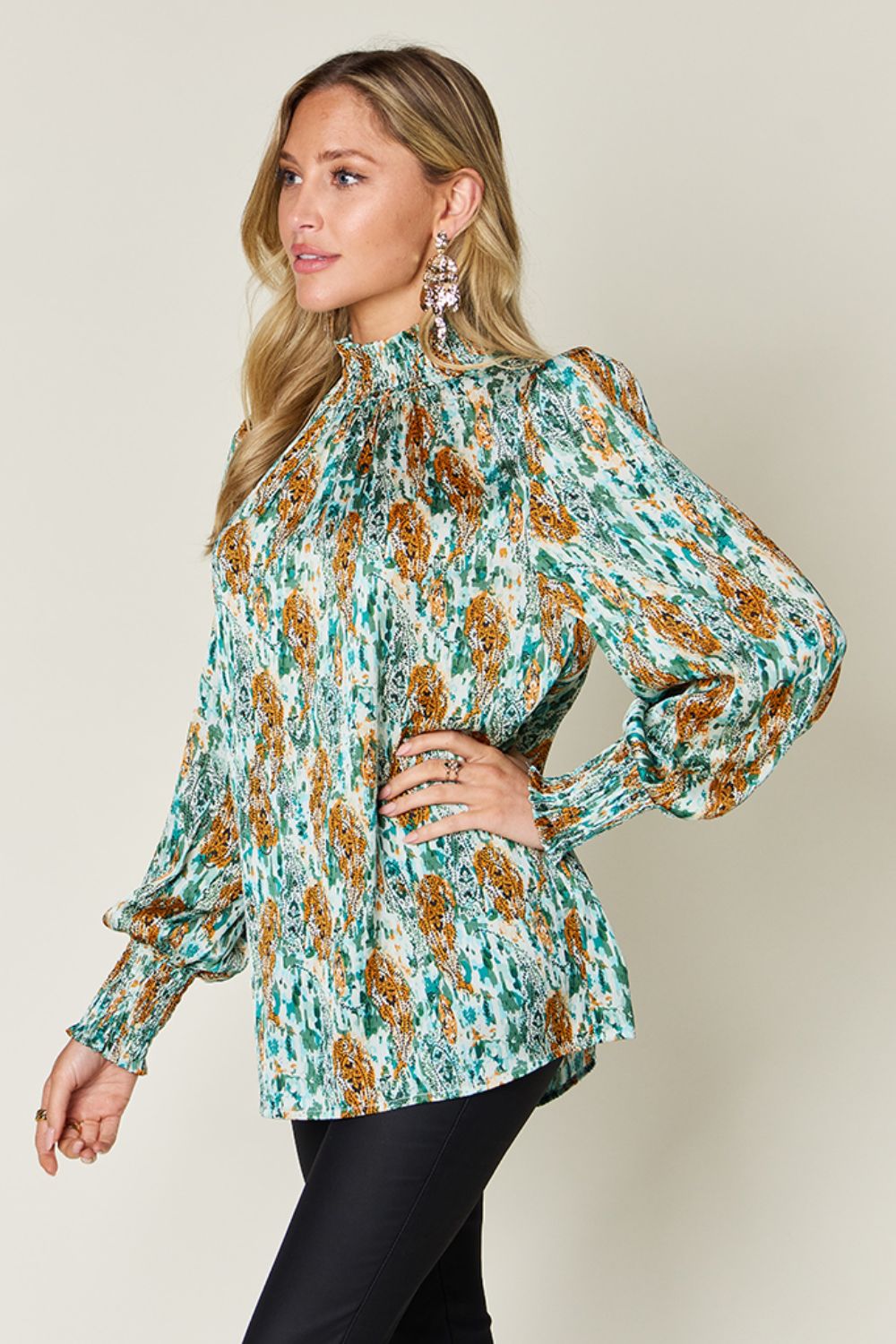 Double Take Full Size Printed Smocked Long Sleeve Blouse - EkaVibe