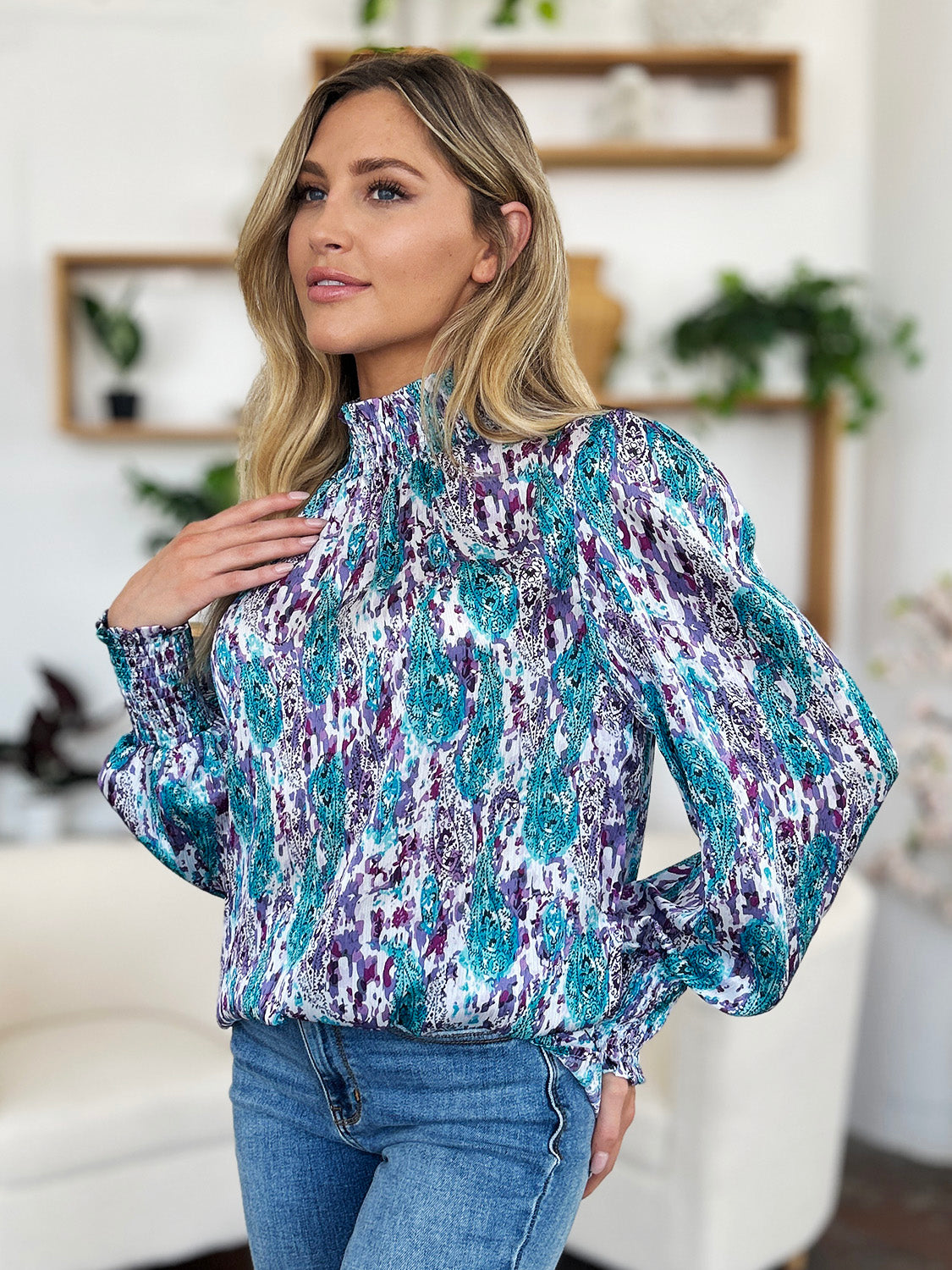 Double Take Full Size Printed Smocked Long Sleeve Blouse - EkaVibe