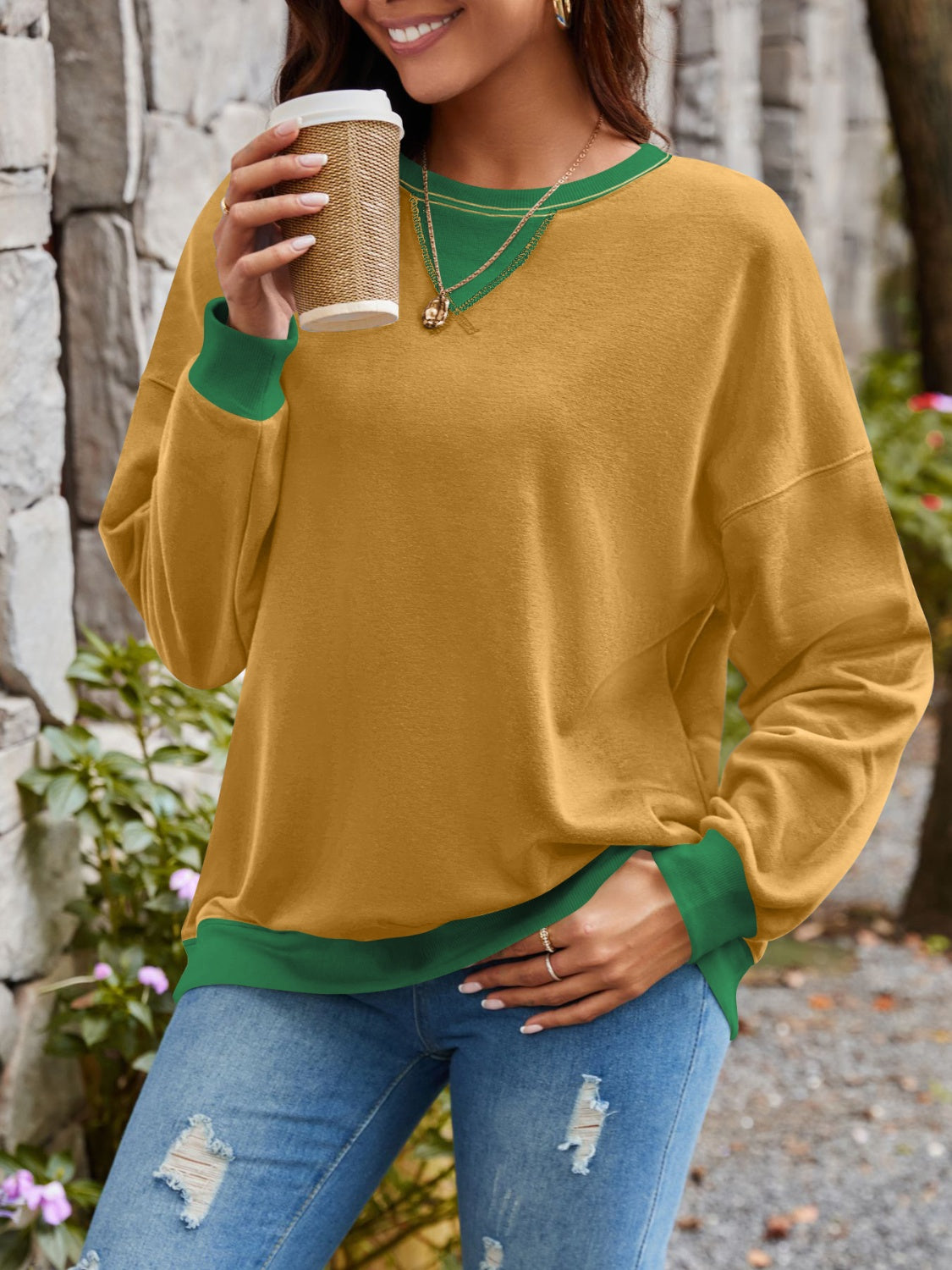 Lovelet Contrast Round Neck Long Sleeve Sweatshirt - EkaVibe