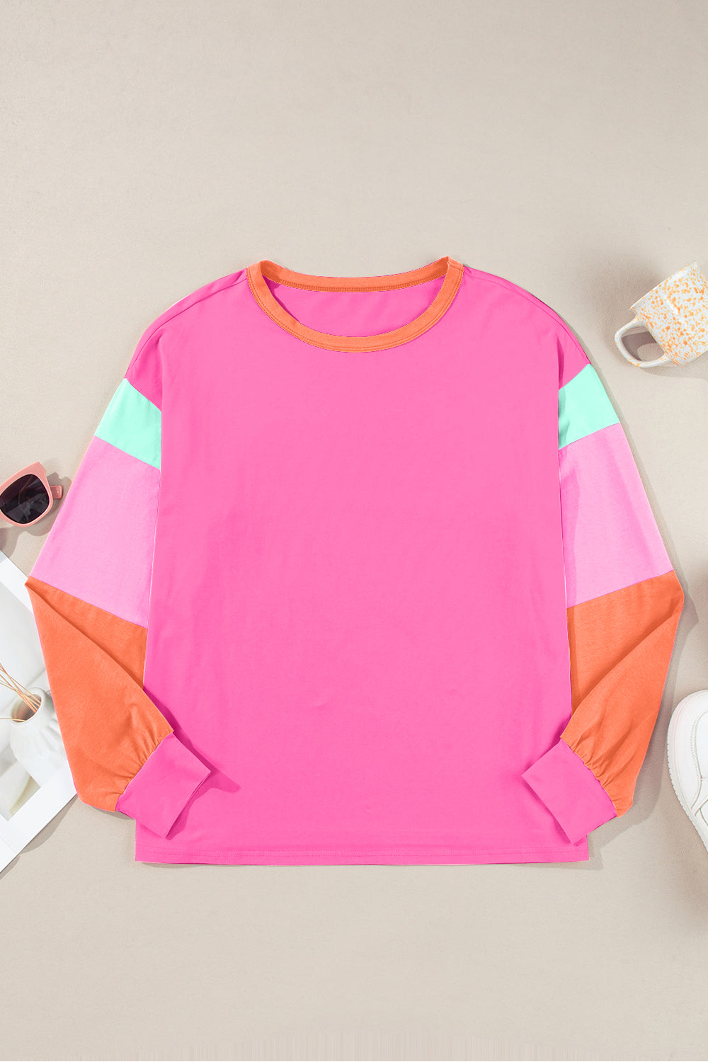 Color Block Round Neck Long Sleeve Top - EkaVibe