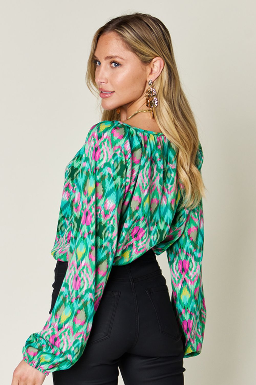 Double Take Full Size Printed Balloon Sleeve Blouse - EkaVibe