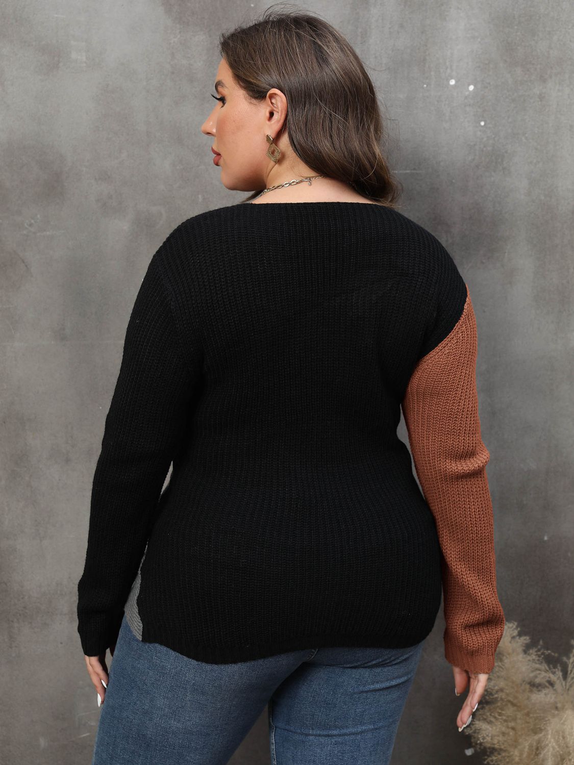 Plus Size Two-Tone Surplice Neck Sweater - EkaVibe