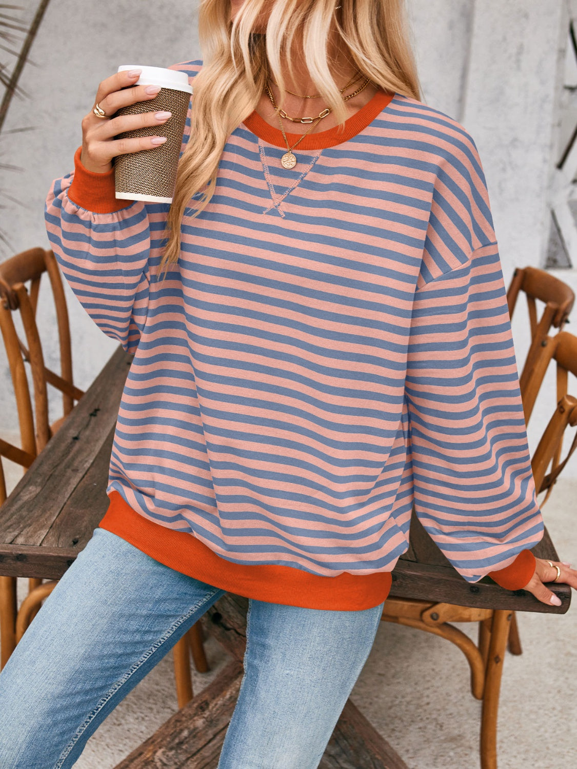 Lovelet Contrast Striped Long Sleeve Sweatshirt - EkaVibe