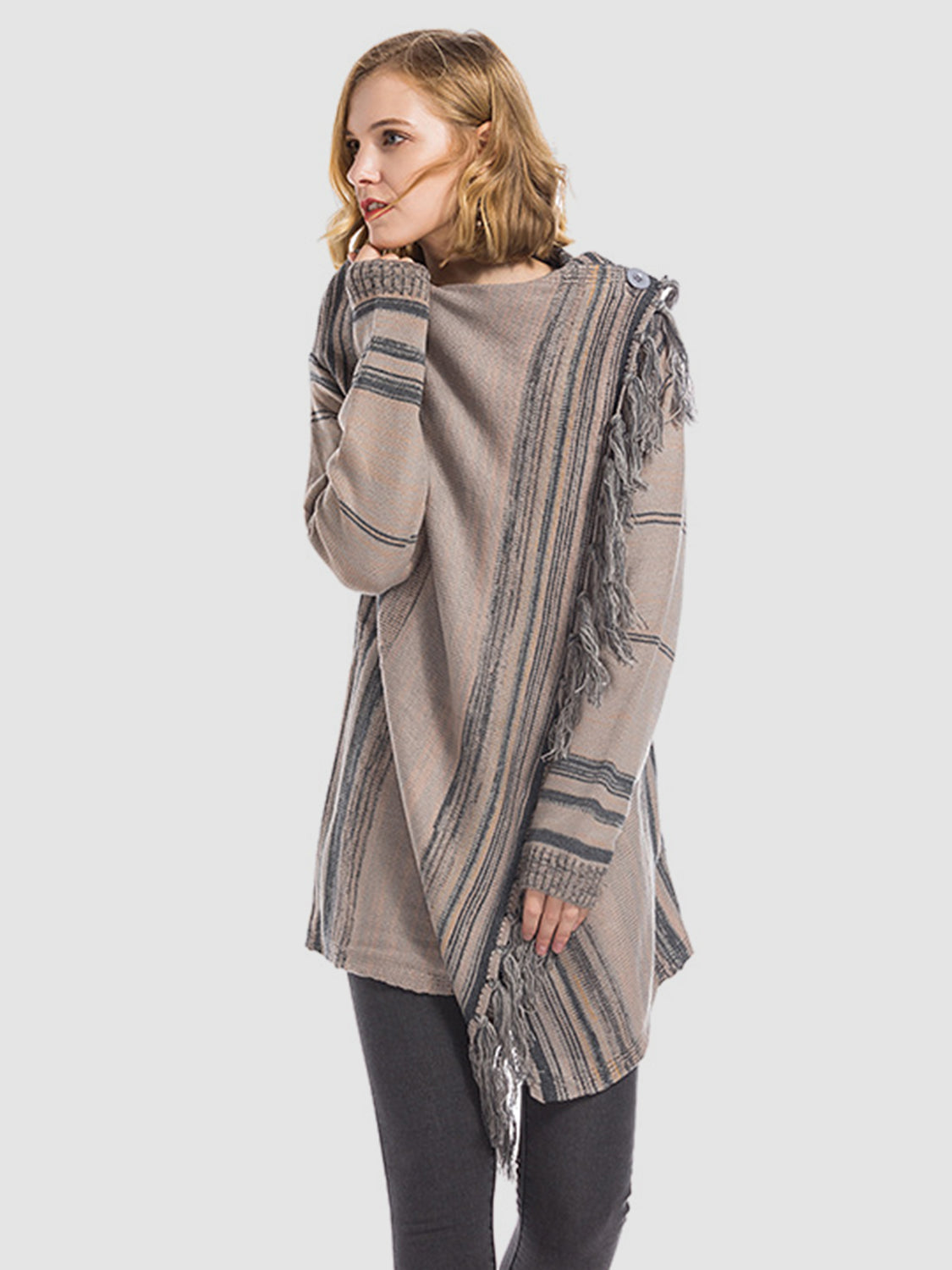 Angel Wings Tassel Striped Open Front Long Sleeve Cardigan - EkaVibe