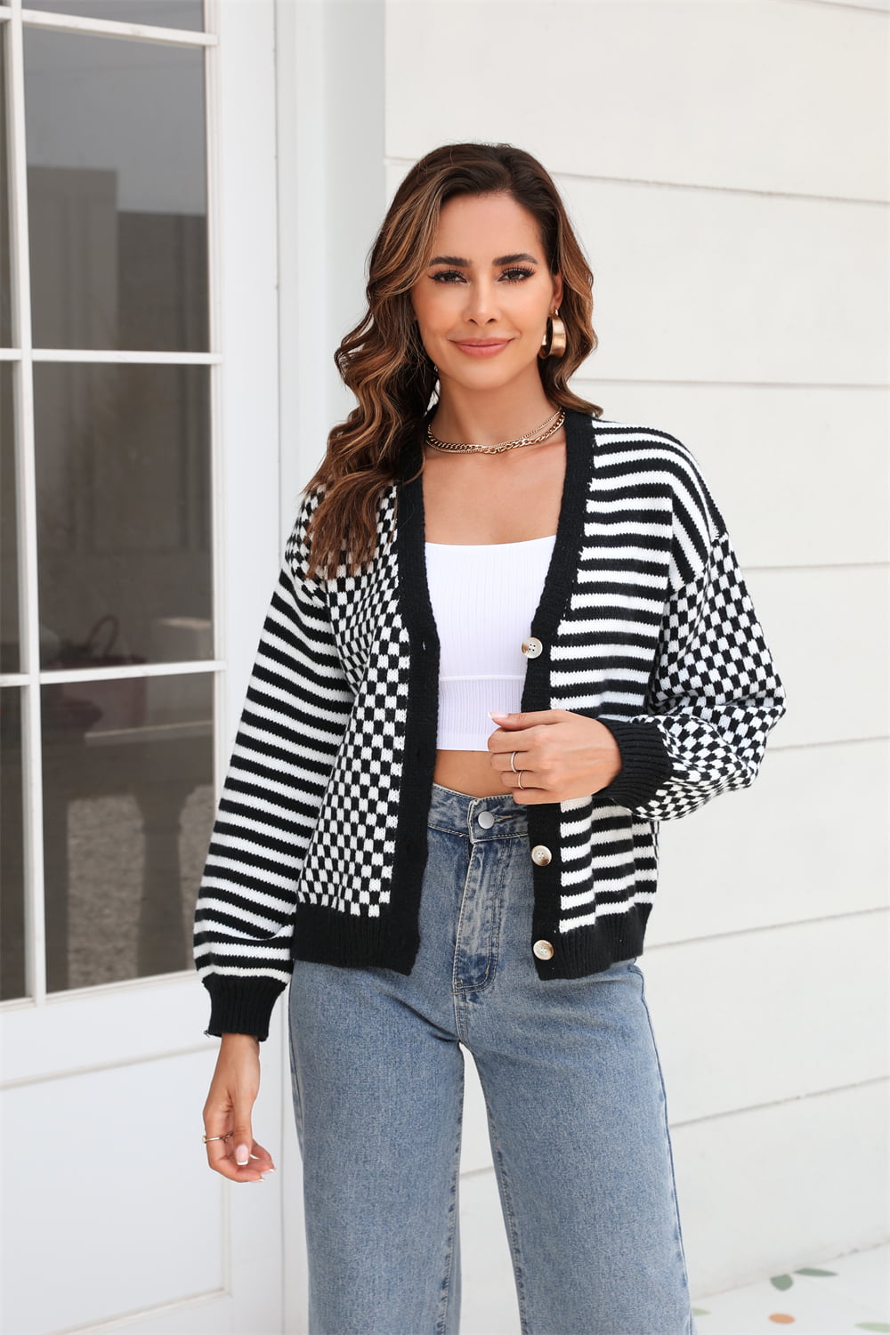 Angel Wings Button-Down Stripe &amp; Plaid Contrast Pattern Cardigan - EkaVibe