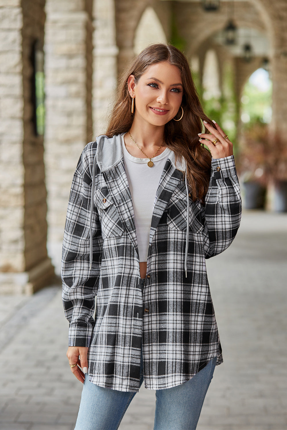 Mandy Plaid Long Sleeve Hooded Jacket - EkaVibe