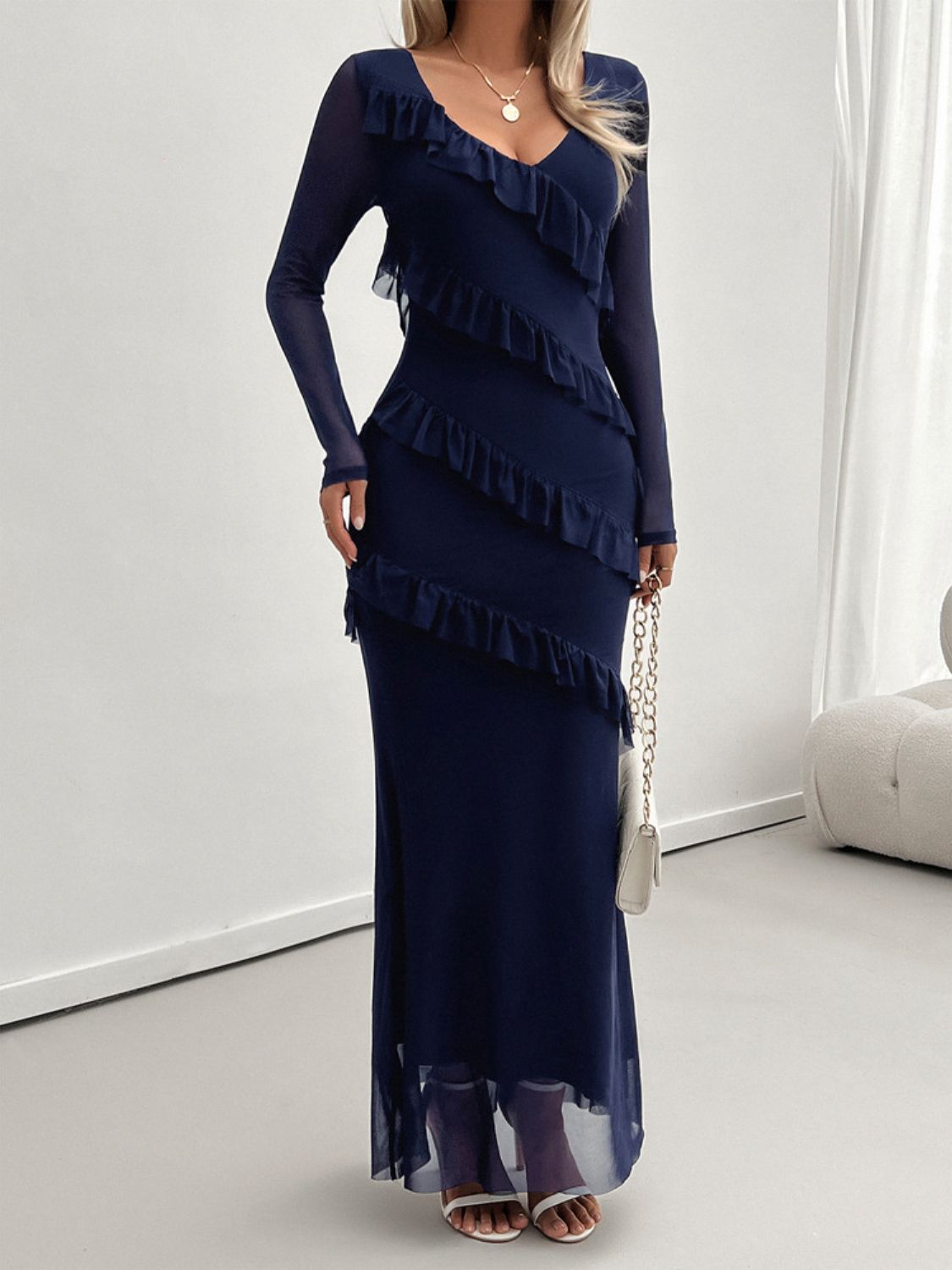 Devine Ruffled Surplice Long Sleeve Maxi Dress - EkaVibe