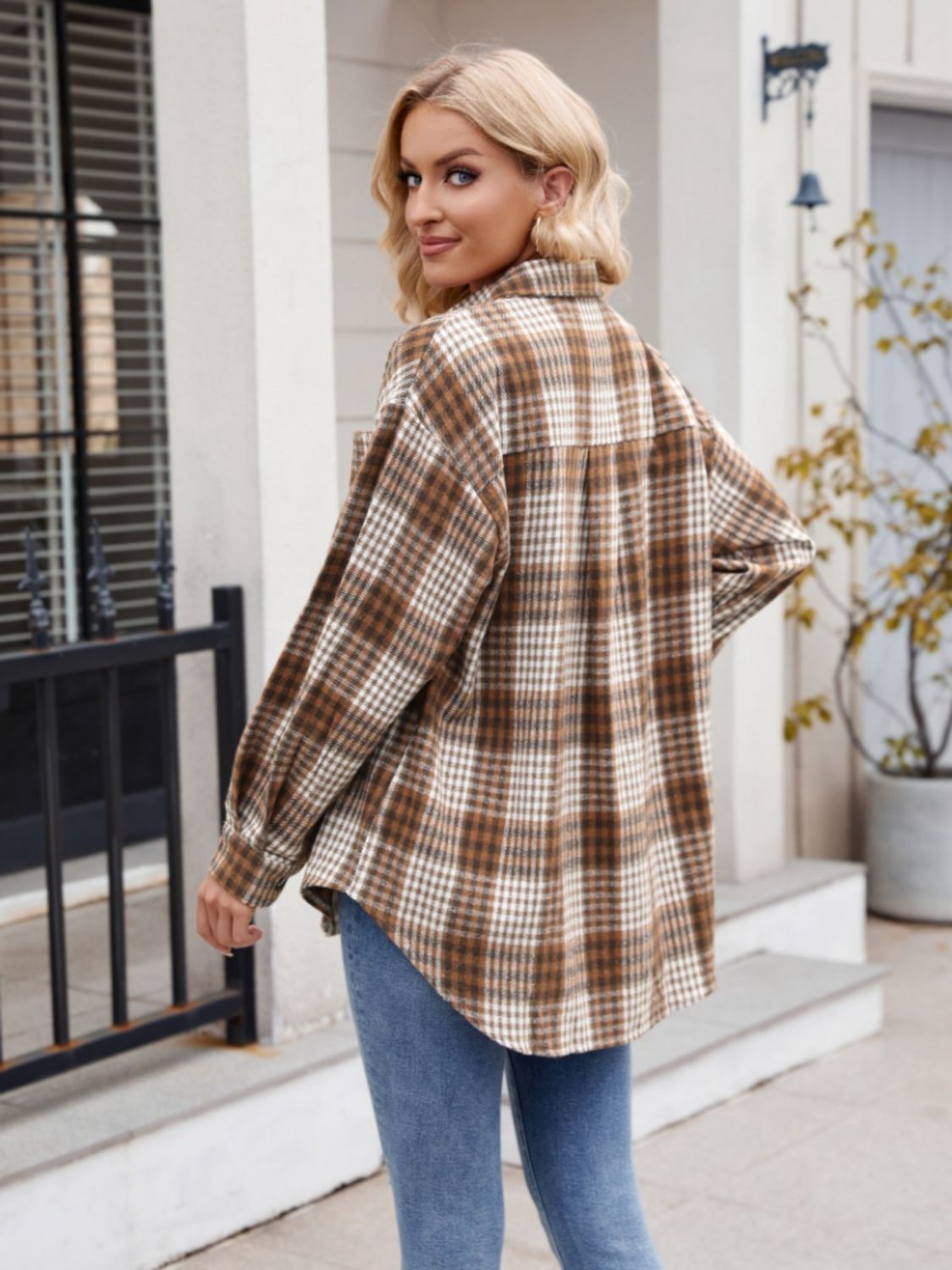 Mandy Pocketed Plaid Collared Neck Long Sleeve Shirt - EkaVibe