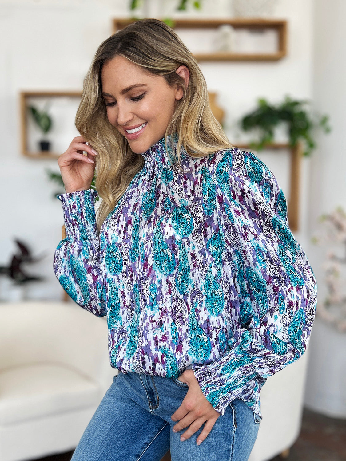 Double Take Full Size Printed Smocked Long Sleeve Blouse - EkaVibe