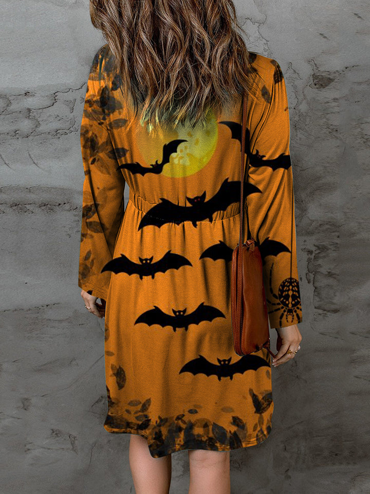 Full Size Halloween Theme Round Neck Long Sleeve Magic Dress - EkaVibe