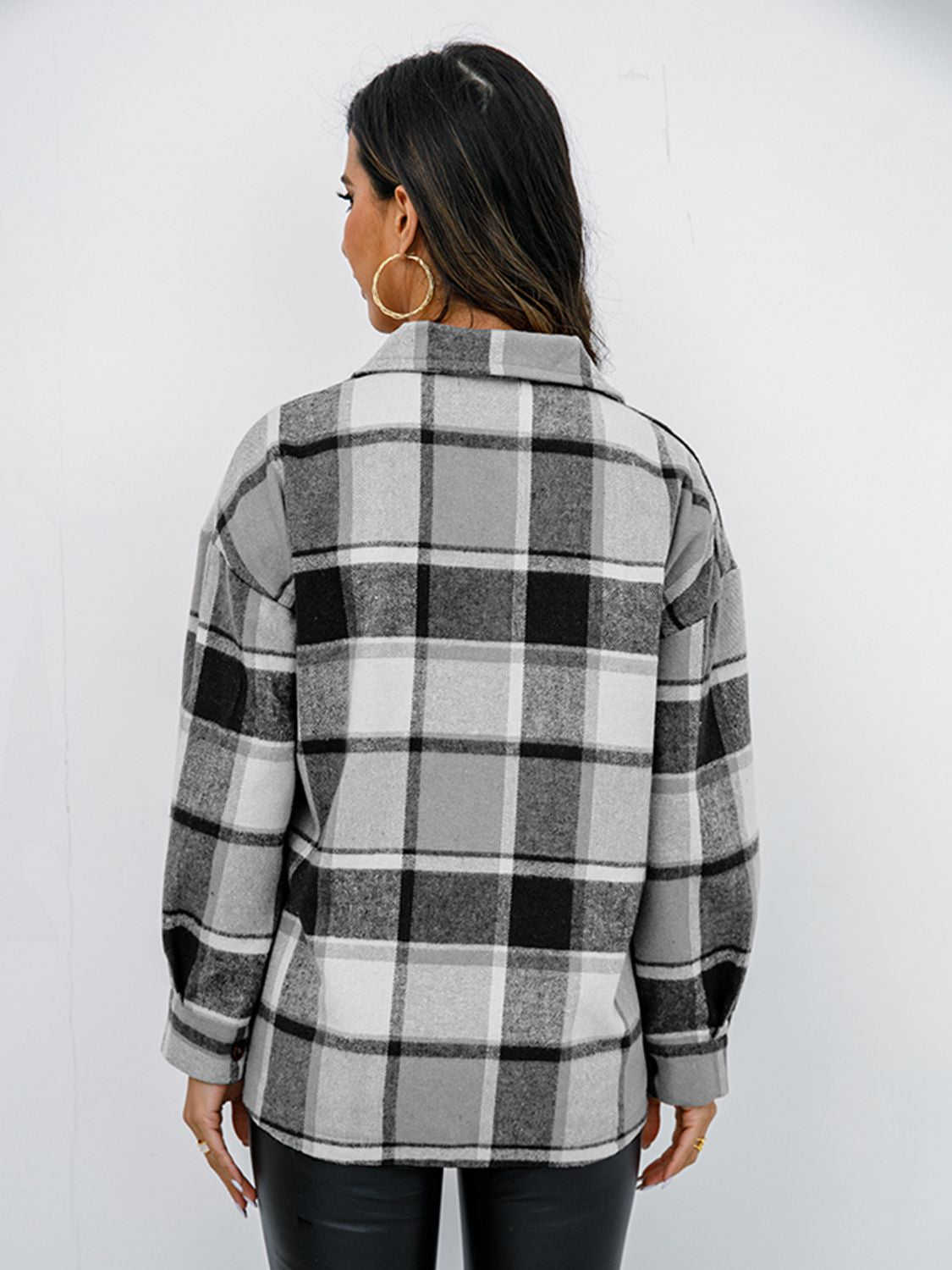 Shiny Plaid Button Up Collared Neck Jacket - EkaVibe