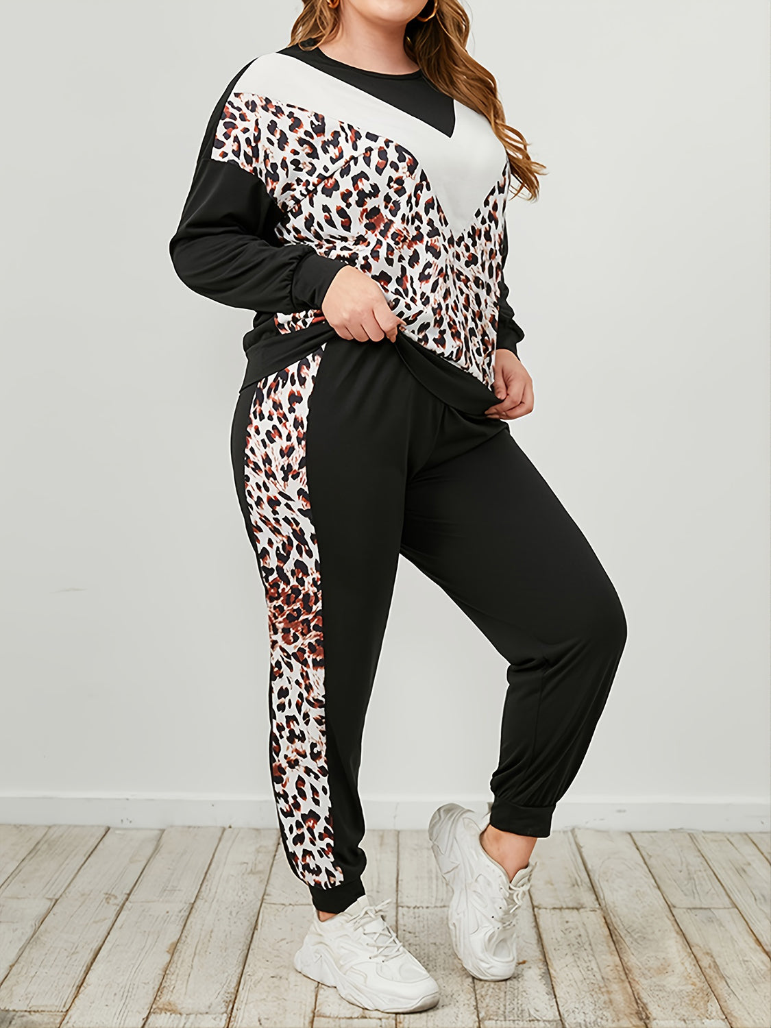 Plus Size Leopard Sweatshirt and Sweatpants Set - EkaVibe