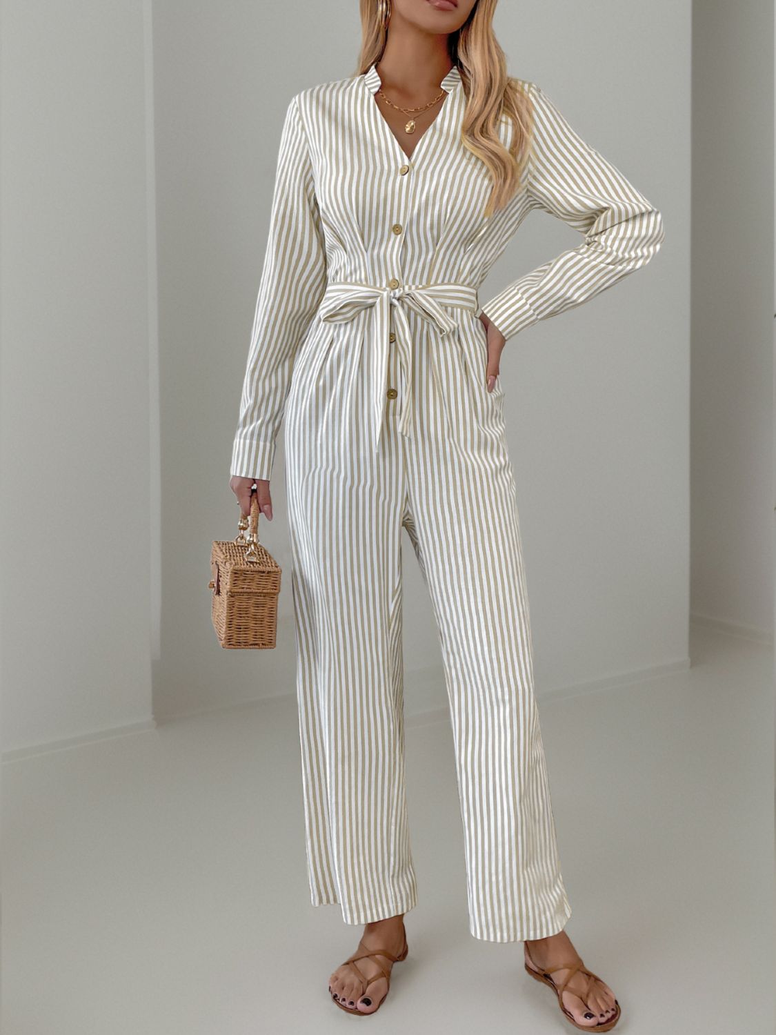 Striped Notched Long Sleeve Tie Waist Jumpsuit - EkaVibe