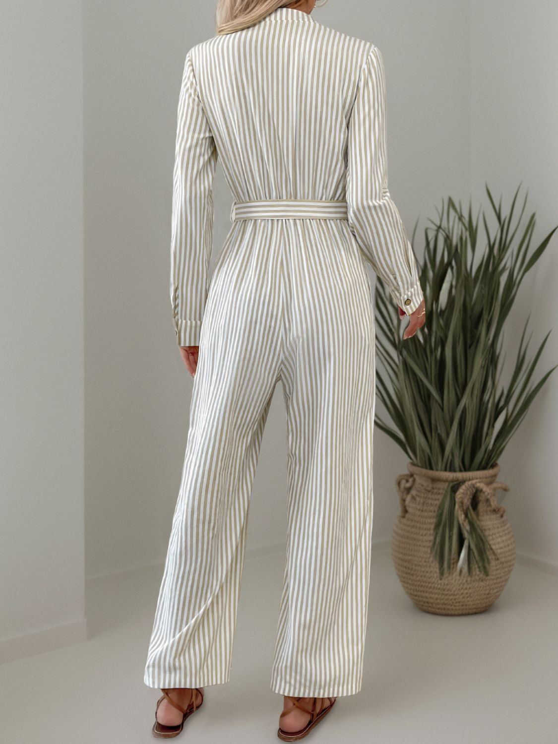 Striped Notched Long Sleeve Tie Waist Jumpsuit - EkaVibe